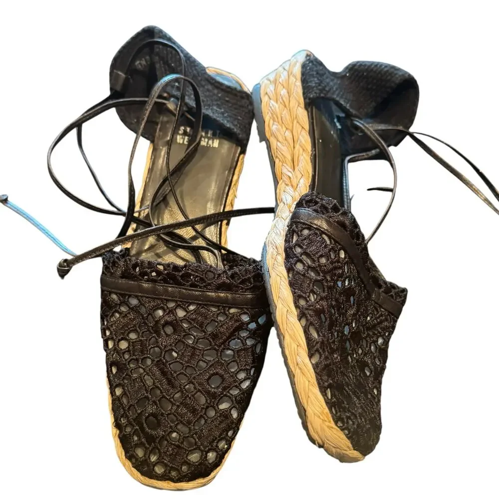 Stuart Weitzman Size 8 Black Lace Gladiator Lace Up Espadrille Shoes